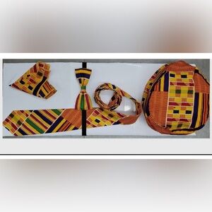 African Print Tie, Bow Tie, Hanky, and Hat 4 pc Set